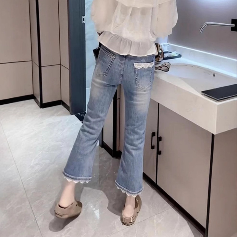 Plus Size Stretchy Blue Cropped Jeans for Women, Summer Thin High-Waisted Slimming Straight-Leg Bootcut Pants for Petite Figures
