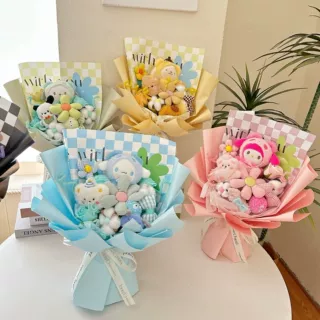 创意礼物玩偶花束成品生日礼物送女生棋盘格公仔花束儿童节礼品