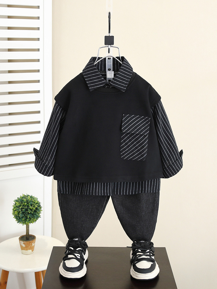 5991 Traje de otoño para niños 2024 Nuevo estilo Cool y guapo Camisa a rayas para bebés Chaleco de dos piezas Primavera y otoño para niños