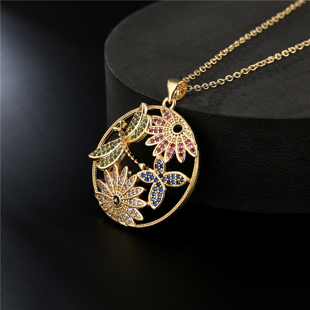 Retro Luxury Copper Micro-inlaid Zircon Jewelry Dragonfly Butterfly Flower Necklace display picture 2
