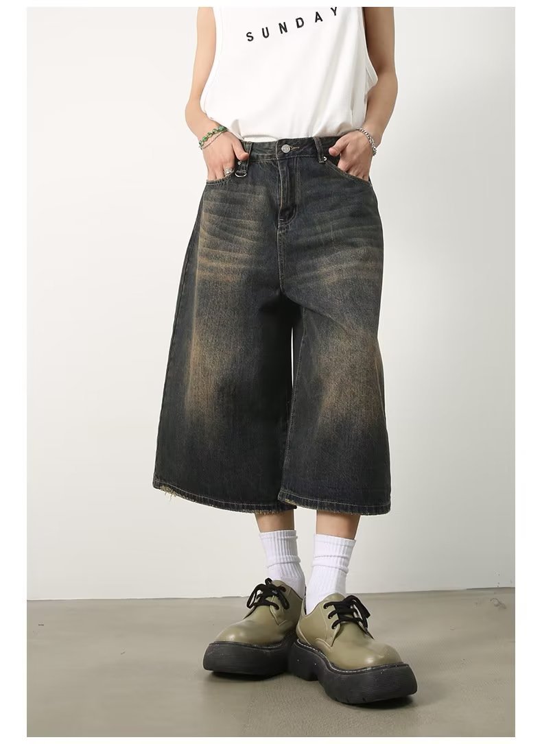 Short en jean court pour homme, coupe droite ample, bleu délavé, style rétro américain, idéal pour l'été._voghion.com