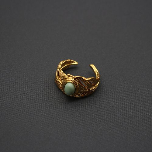 Qingdao Foreign Trade Jewelry Feather Turquoise Adjustable Ring C-shaped Earrings Copper Plated 18K Real Gold Niche European and American Style
