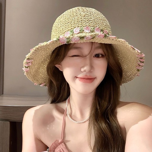 Straw-woven straw hat women's big brim summer beach vacation beach face small foldable sun protection hat