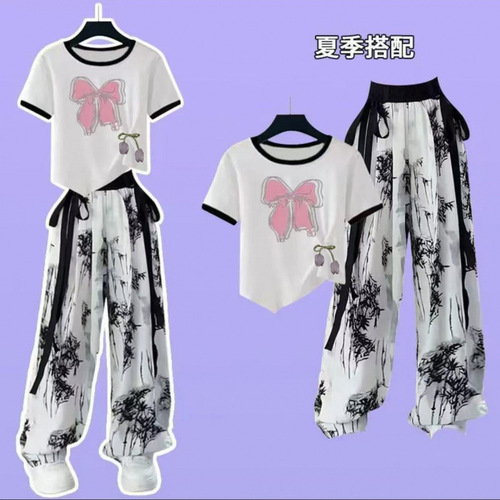 Summer Retro Set for Girls, Literary Chinese Style, Ice Silk Ink Painting Parent-Child Set