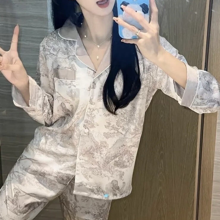 Daisian Clothing Ice Silk Spring/Summer Thin Long-Sleeve Pajamas High-End Luxurious Gray Slimming Elegant Internet Celebrity Homewear
