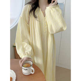 跨境专供外贸女士新品韩版黄色条纹花边珍珠扣双层纱长袖睡裙棉纱