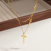 钛钢双层十字架项链爆款高级感轻奢小众锁骨毛衣链镀18K金不掉色