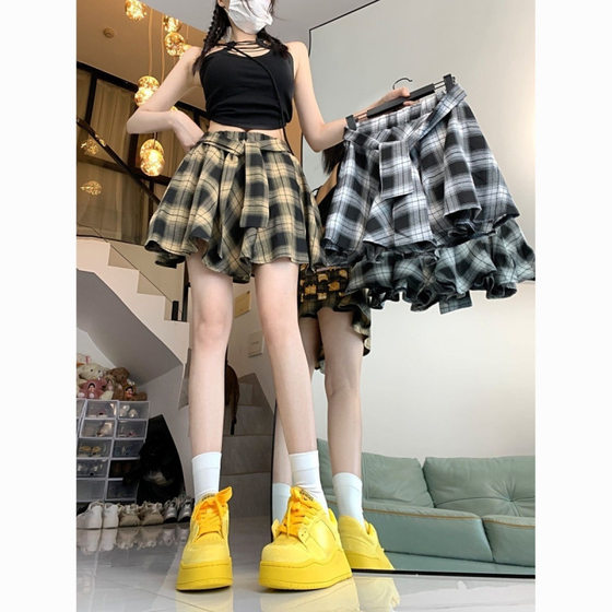 Irregular Retro Plaid Skirt Women's Summer All-match Slim-fit Anti-glare American Style Hot Girl A- line Pleated Skirt
