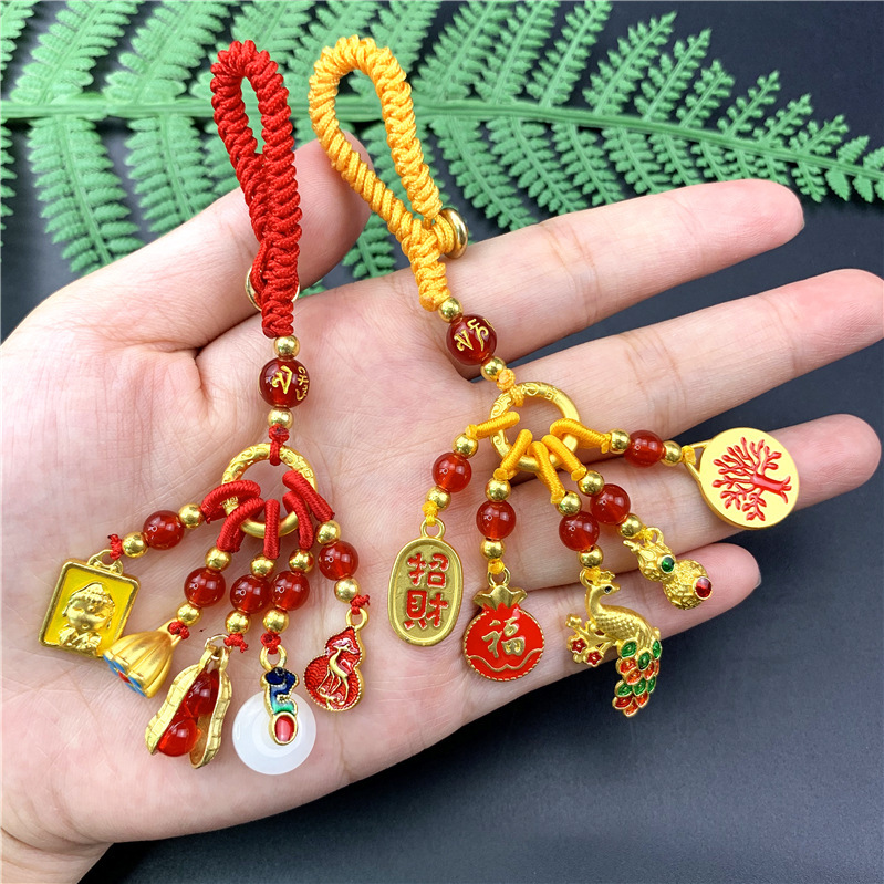 Ancient sand gold copper couple keychain pendant national fashion enamel drop oil bag ornaments hand-woven peanut gourd pendant