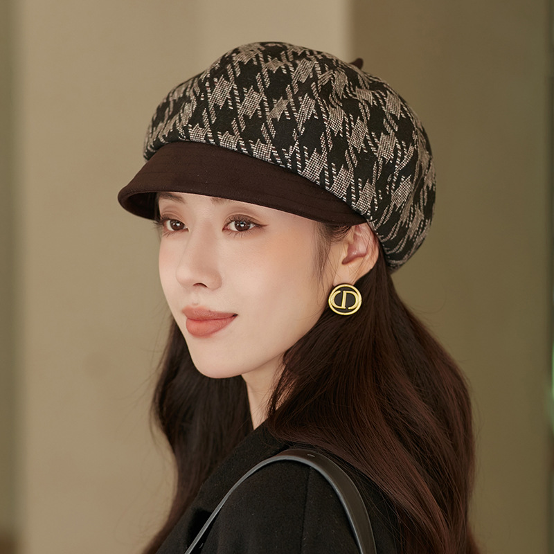 千鸟格八角帽女春秋英伦复古日系夏季鸭舌帽子韩版报童画家贝雷帽