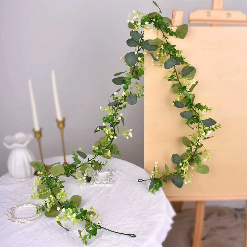 跨境优品圆尤加利桉树叶藤蔓假花仿真花绿植人造婚礼餐桌装饰藤条