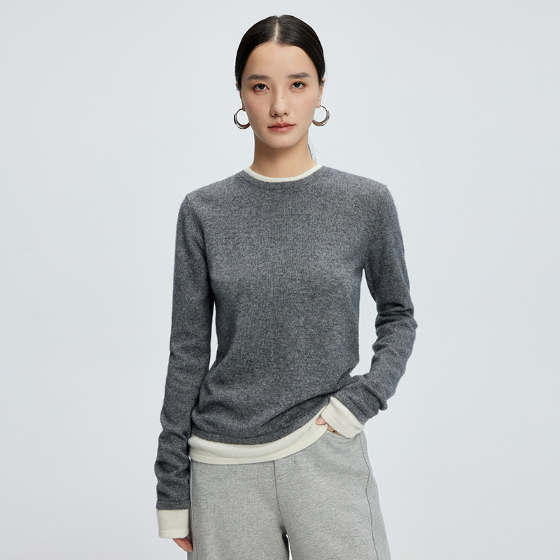 Crewneck Mountain Cashmere Sweater Women's Fake Two-piece Loose Pullover Sweater Autumn and Winter New Color-block Top Outer Wear Knitted Base