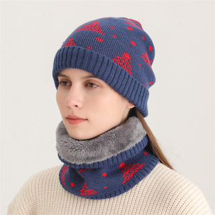 Winter fleece-lined thick Cedar pullover hat women's scarf two-piece warm knitted hat windproof earmuffs scarf for men