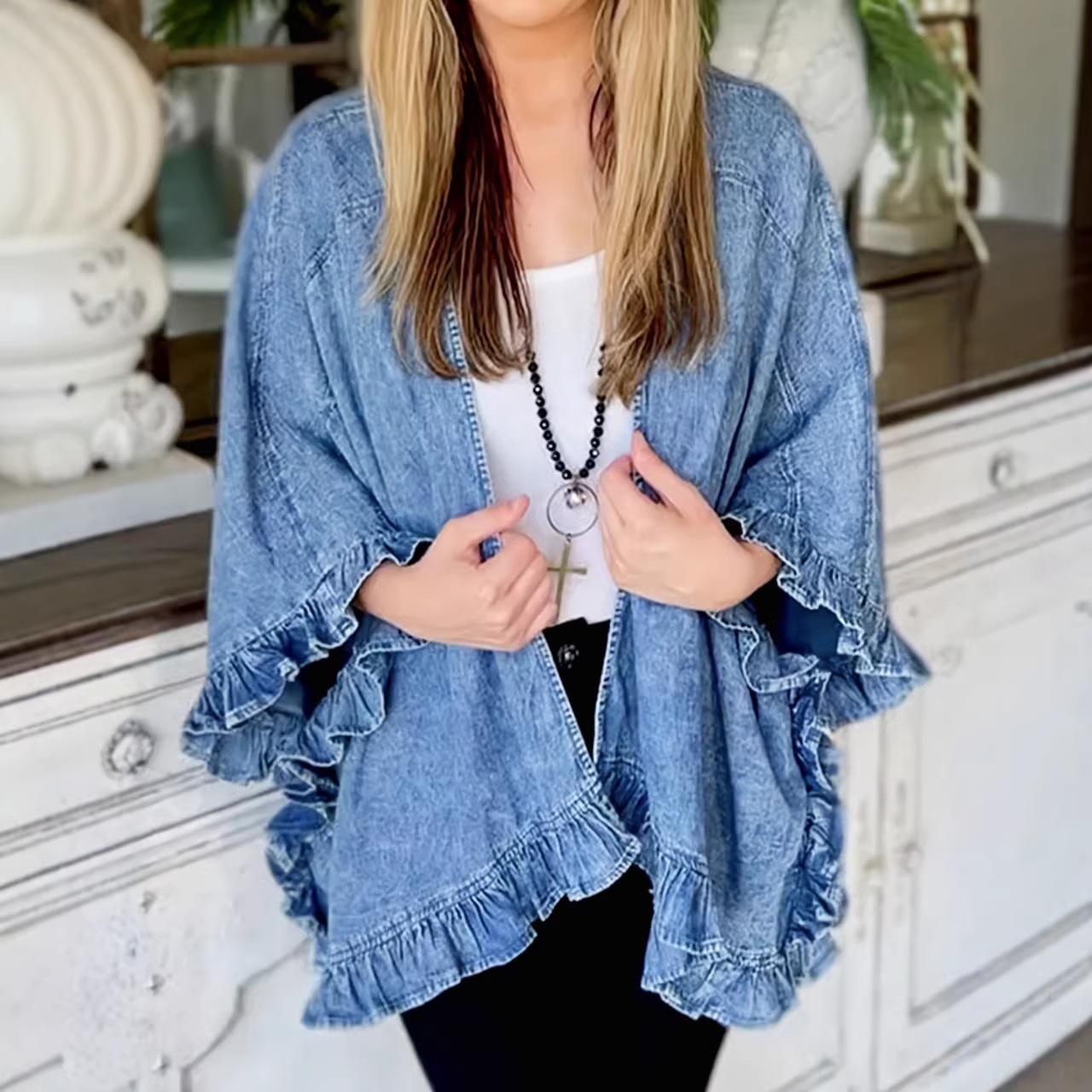 European and American New Cross-Border Spring & Fall Denim Jacket Fashion Ruffled Washed Jacket Women's Lace Shawl