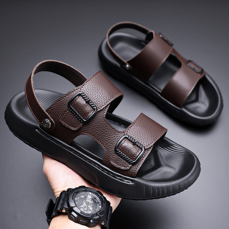 Dép sandal nam da bò lớp đầu hở ngón thoáng khí chống trượt đi biển — GA07 màu nâu, GA07 màu đen