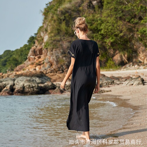  Beach blouse Embroidery beach robe vacation beach long dress seaside sunscreen dress