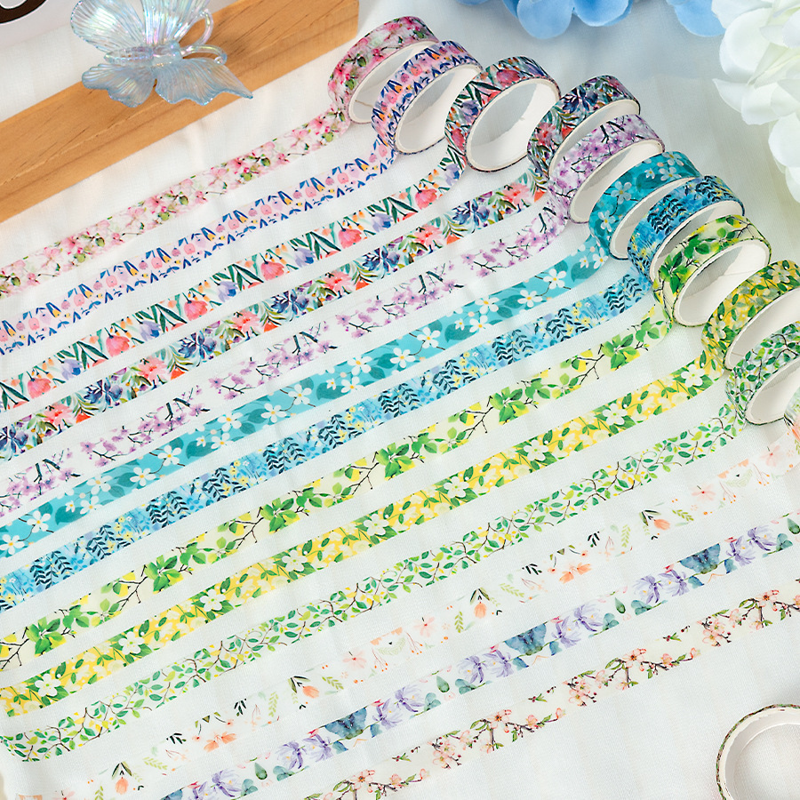 Chunxin Flower Language en caja y cinta de papel 5 enrollado en 1cm de ancho, línea divisoria de hojas, cuenta manual, cinta de flores pastoral