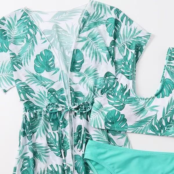 New Three-Piece Children's Split Swimsuit for Girls, Cross-Border Amazon Waist-Cinching Sun-Protective Cover-Up Printed Girls' Swimsuit