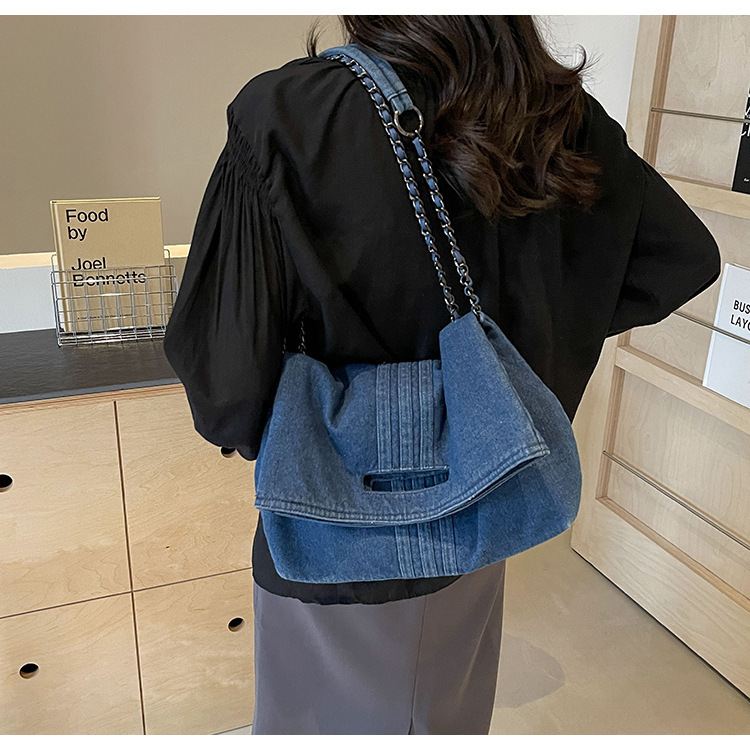 レトロ風デニムチェーンショルダーバッグ女性両用通勤斜め掛け女性バッグ大容量ファッション手提げバッグ|undefined