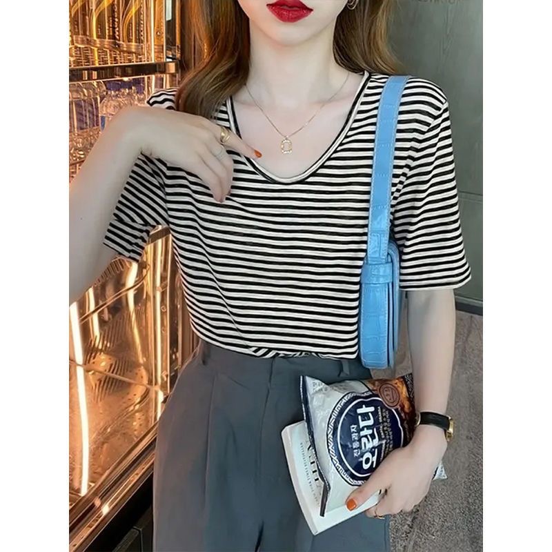 Camiseta de rayas de manga corta de cuello en U para mujeres 2026 verano nuevo estilo coreano suelto delgado hombro superior estudiantil camiseta universal