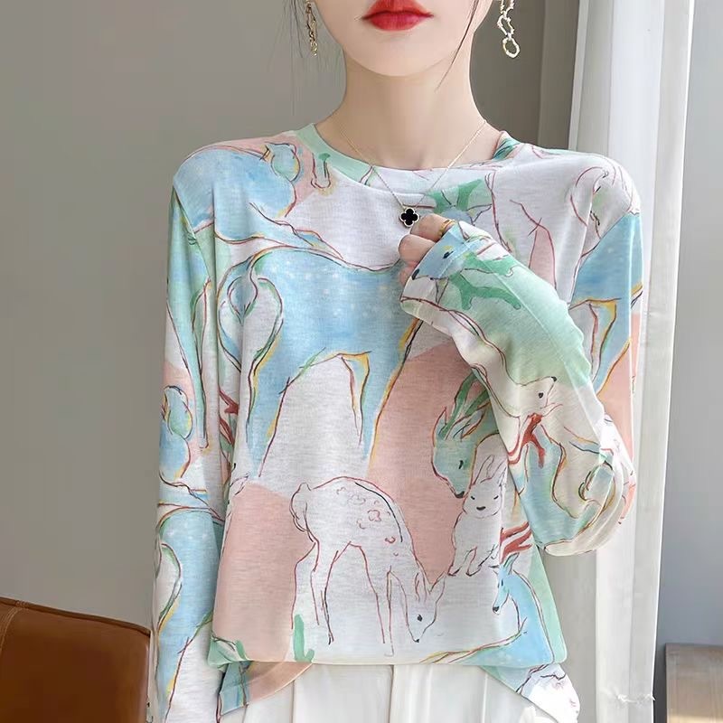 水溶印花圆领长袖打底衫女艺术水墨画天丝莱赛尔防晒衫复古印花|undefined