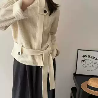2025秋冬韩版立领系带毛衣女坑条宽松显瘦针织上衣开衫慵懒高级感