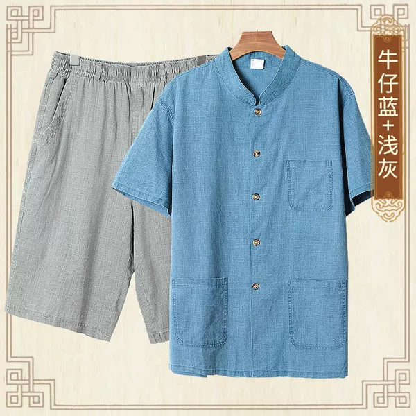 Denim blue + light gray [linen top + shorts]