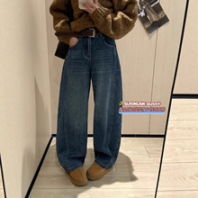 素心兰/YOUMO 弯刀裤加厚复合绒水洗工艺牛仔裤女冬(配腰带)38269