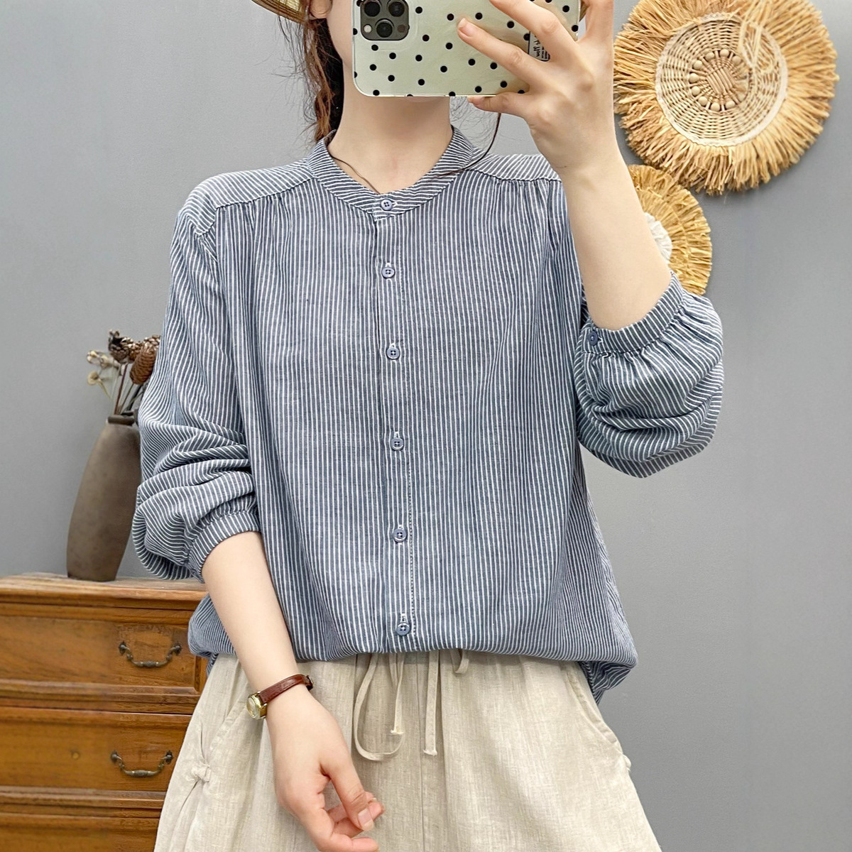 Western-style stand-up collar striped single-breasted long-sleeved shirt for women 2025 autumn new casual slimming top 22262