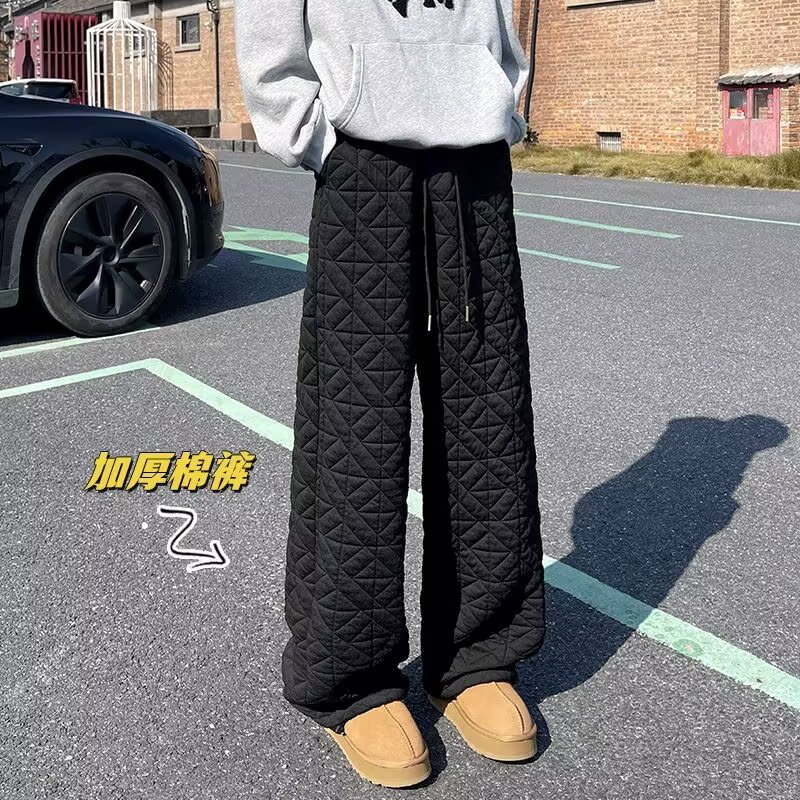 2024 Thickened New Loose-fitting Cold-proof Straight Leg Pants for Men, Casual Trendy Brand, Warm Winter Cotton Pants, Diamond Pattern