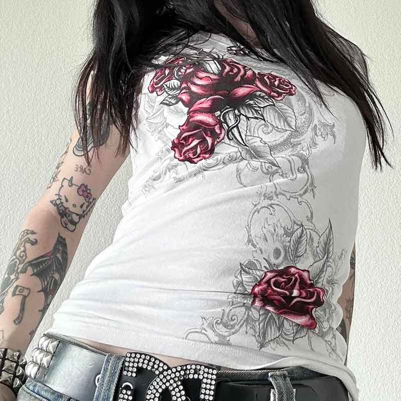 Summer Ladies Dark Gothic Print White Slim Fit Short Sleeve T-Shirt Top Rose Cross Border Wholesale EMO
