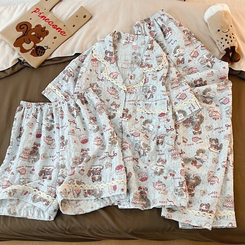 Kitty Pajamas for Women, Summer New Style, Cloud Cotton Jacquard, Small Lapel, Short-Sleeved Three-Piece Set, Girl's Home Wear Set Kitty Pajamas for Women, Summer New Style, Cloud Cotton Jacquard, Small Lapel, Short-Sleeved Three-Piece Set, Girl's Home Wear Set