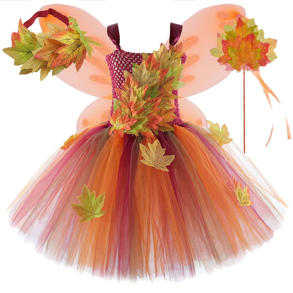 European and American Hot-Selling Simulated Maple Leaf Kidsren's Mesh Dress Halloween Thanksgiving Girls Princess Tutu Skirt