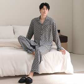 【L-4XL】春秋新款纯棉男士长袖长裤开衫翻领睡衣印花休闲男家居