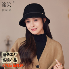 秋冬季新款帽子女羊毛呢圆顶渔夫帽显脸小优雅皮带盆帽户外保暖帽