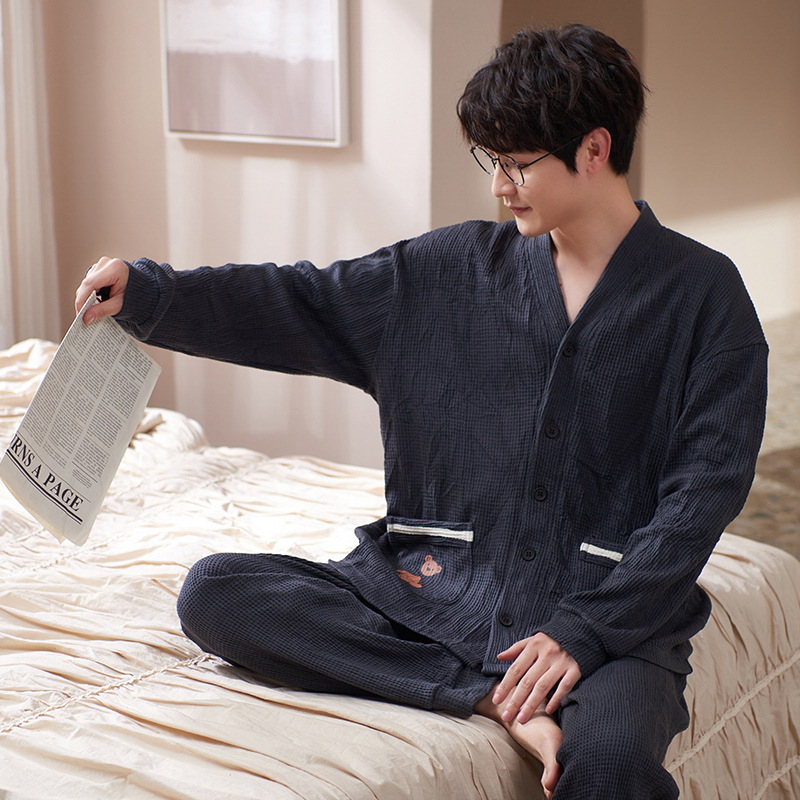 Jiao caimeng pijamas de hombre Verano de algodón primavera y otoño cardigan manga larga 2022 nuevos hombres ropa de hogar simple