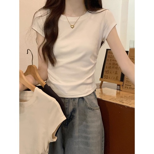 Eurasian solid color regular shoulder short-sleeve summer slimming design sense niche short-length waisted versatile belt-shrinking gray top