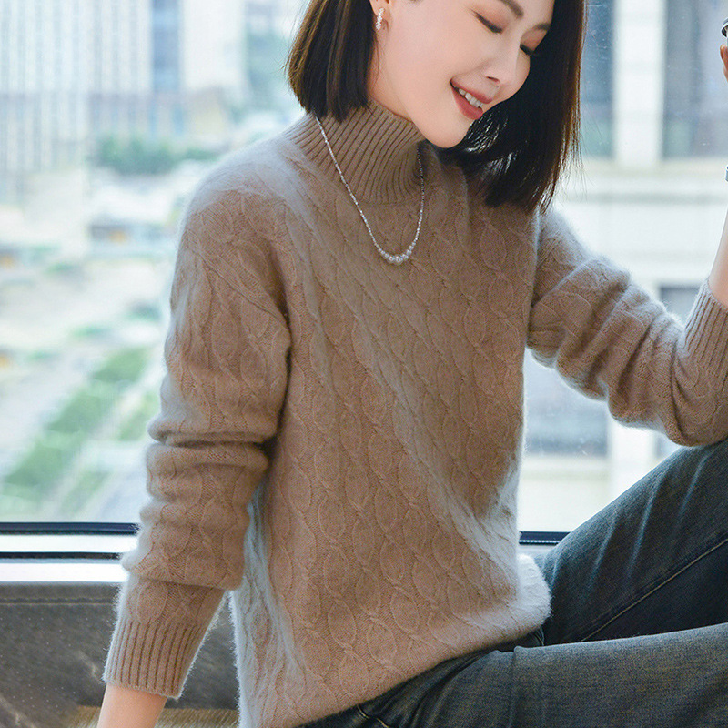 2024 Autumn and Winter New Half-turtleneck Twisted Wool Sweater Women's All-match Knitted Sweater Loose plus size Thickened Wool Sweater