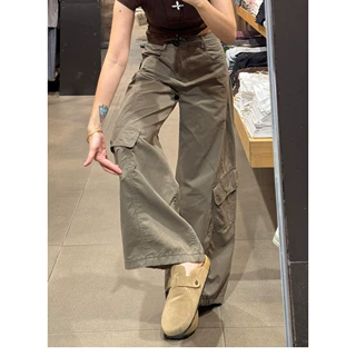 秋季美式弯刀工装裤高腰显瘦宽松复古设计感时尚多口袋休闲阔腿裤
