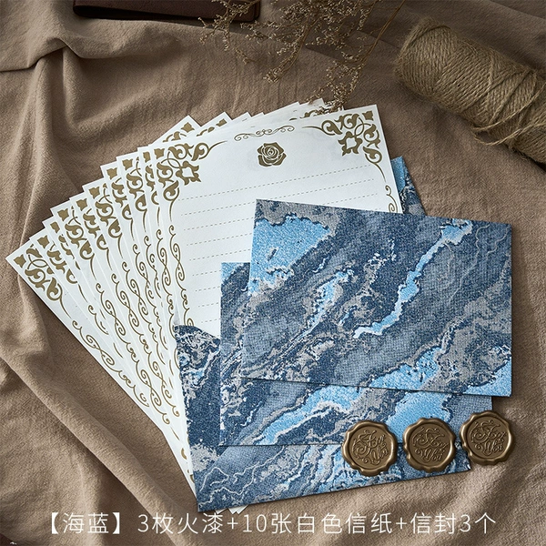 Морской синий, 3 шт. конвертов, 10 шт. белой бумаги с розовым рисунком, 3 шт. сургучных наклеек