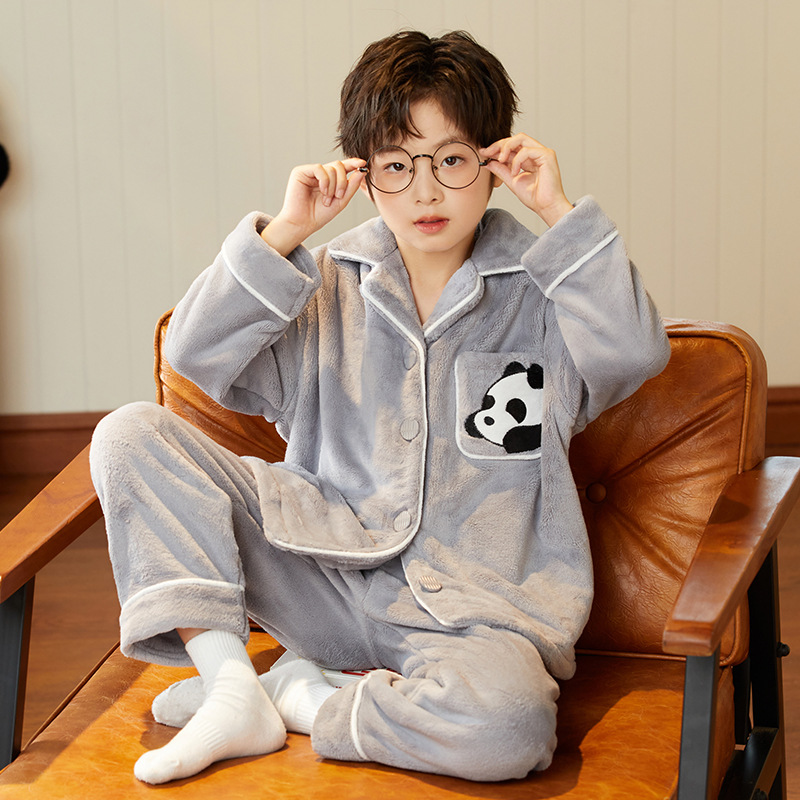 Coral Velvet Pajamas for Boys in Autumn and Winter Fleece-Lined and Thickeneded to Heattech Kidsren's Flannel Teenagers and Students Home Clothes Set
