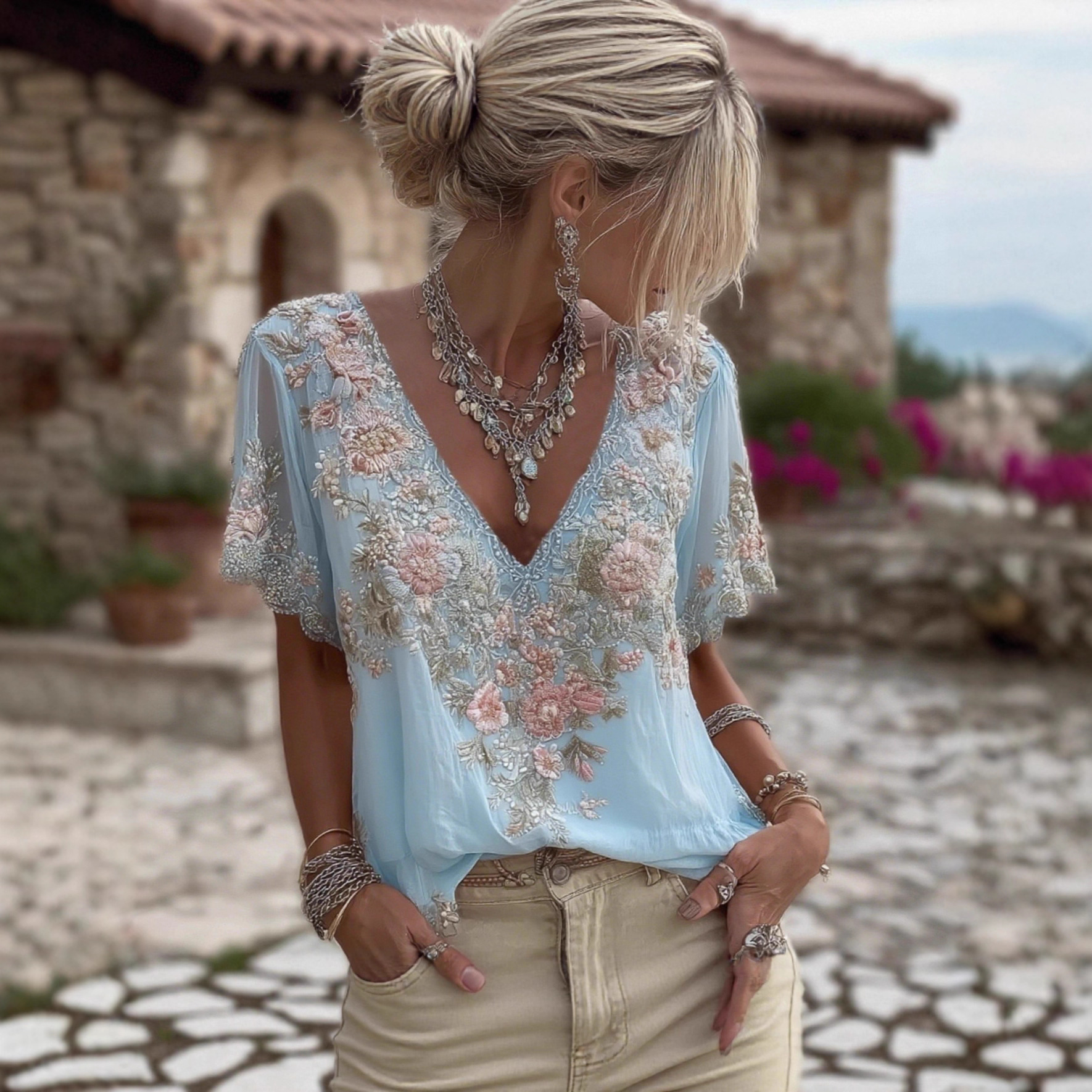 Women's Light Blue Floral Embroidered Blouse - Boho V Neck Short Sleeve Sheer Top For Casual Daily Summer Holiday_ecoleips.com