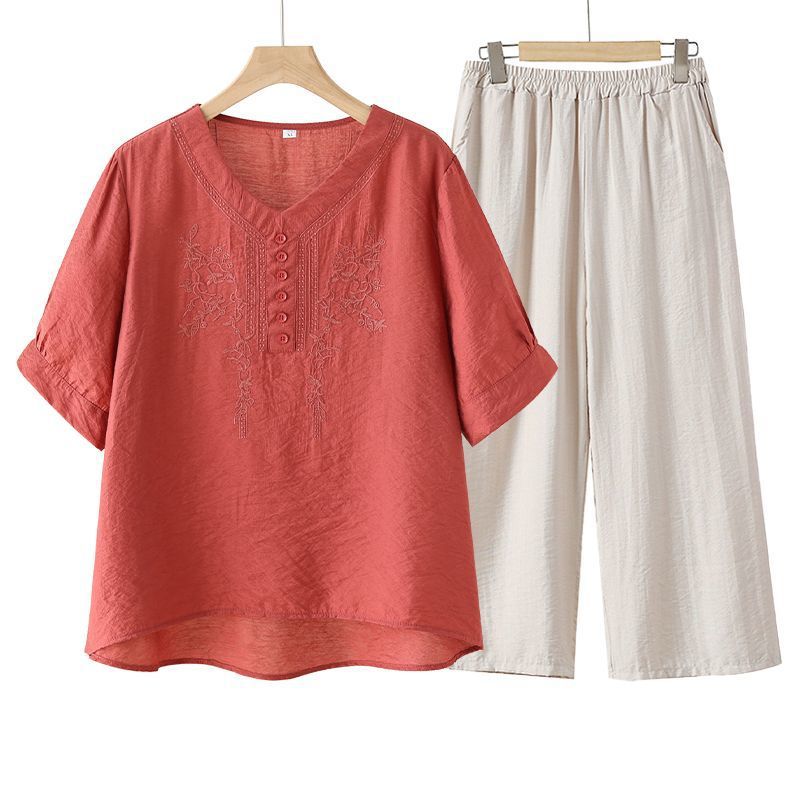Gastrodia suit Women's Embroidered Short-sleeved T-shirt Women's Summer Middle-aged Western-style Mother's Two-piece Trendy Pants Top