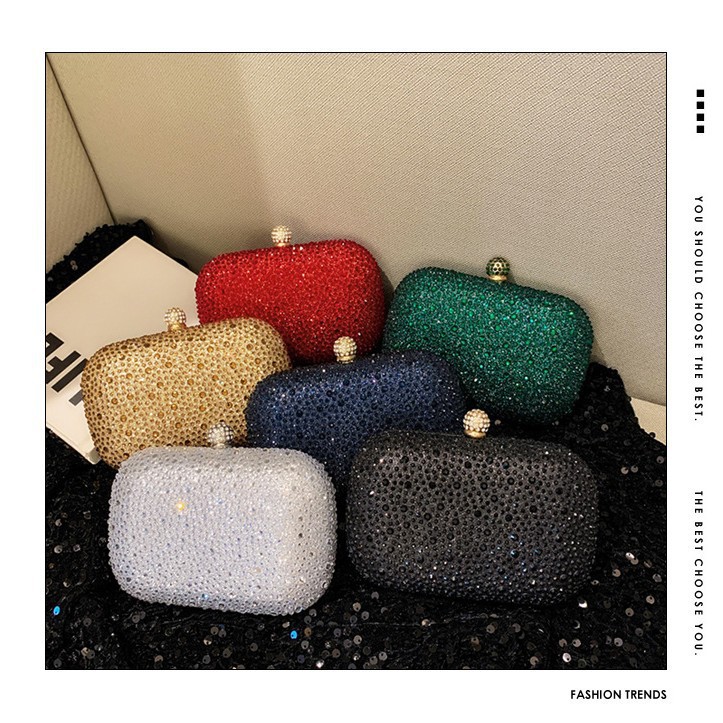 Bolsa de cena de estilo europeo y americano transfronterizo para damas brillante decoración de diamante tipo caja de mano elegante estilo de moda bolsa de cena