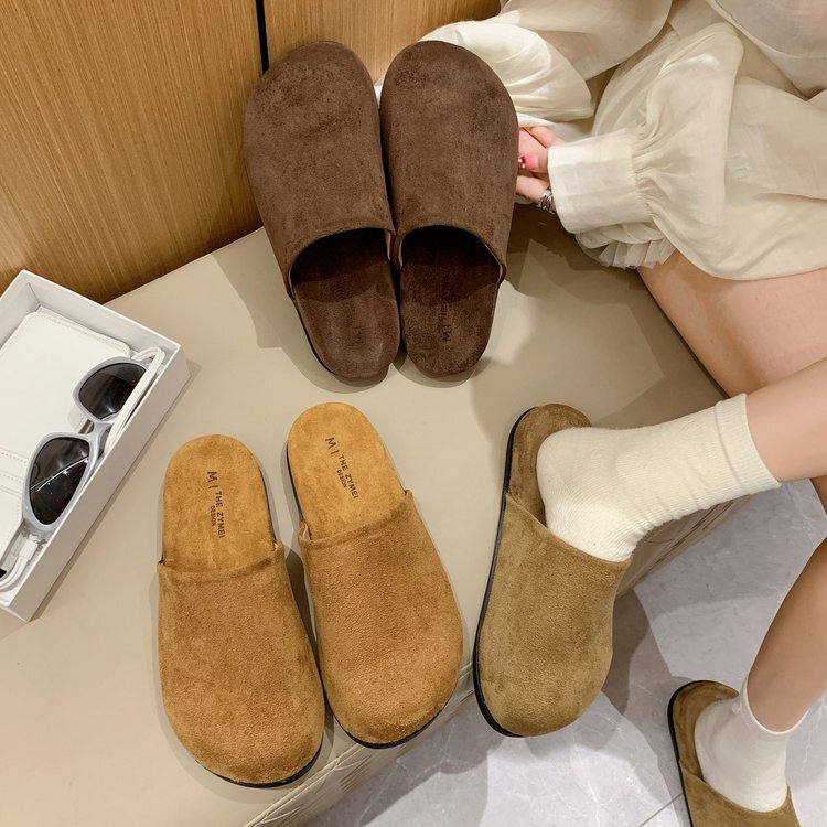 反绒面厚底复古博肯拖鞋女2025秋季新款一脚蹬休闲外穿软底拖鞋女|undefined