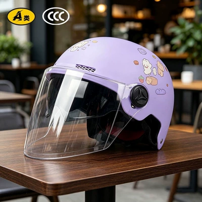 Motosiklet kaskı (dəbilqə) — summer sun protection - matte-double-mirror-model-purple-bread-rabbitsunshade-hidden-inner-mirrorlong-lensapproximately-185cm-in-length