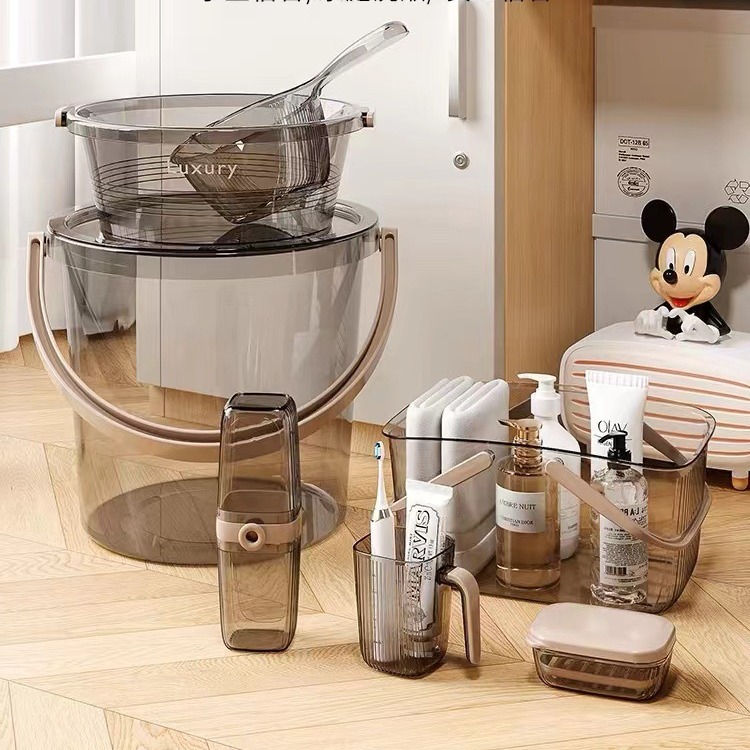 Cubo de plástico grueso para dormitorio de estudiantes, lavabo transparente, juego grande de artículos de tocador de tres piezas, escuela secundaria