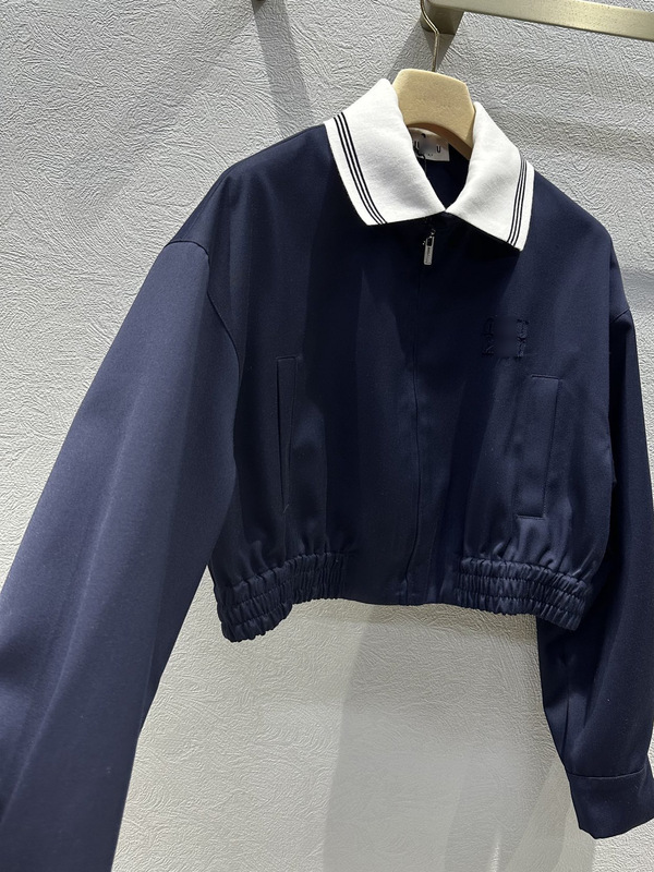 南油高端女装2025年秋冬MIU*新款撞色螺纹领藏青色短款夹克外套女|undefined