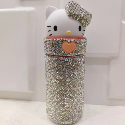 Stylish Diamond-embellished Cartoon KT Vacuum Insulated Cup for Children, Portable Water Bottle, Stainless Steel, Diamond-embellished Gift