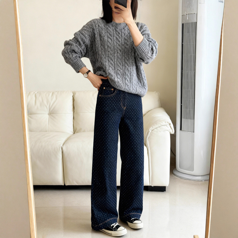 Li Girl Polka Dot Casual Versatile Retro Jeans High Waist Straight Pants Narrow Wide Leg Pants Denim Blue Jeans Li Girl Polka Dot Casual Versatile Retro Jeans High Waist Straight Pants Narrow Wide Leg Pants Denim Blue Jeans